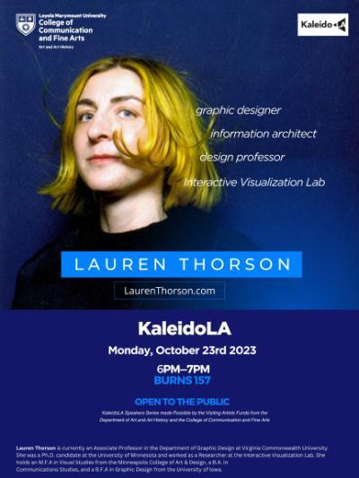 Photo of woman with yellow hair staring forward alongside information about the KaleidoLA event.